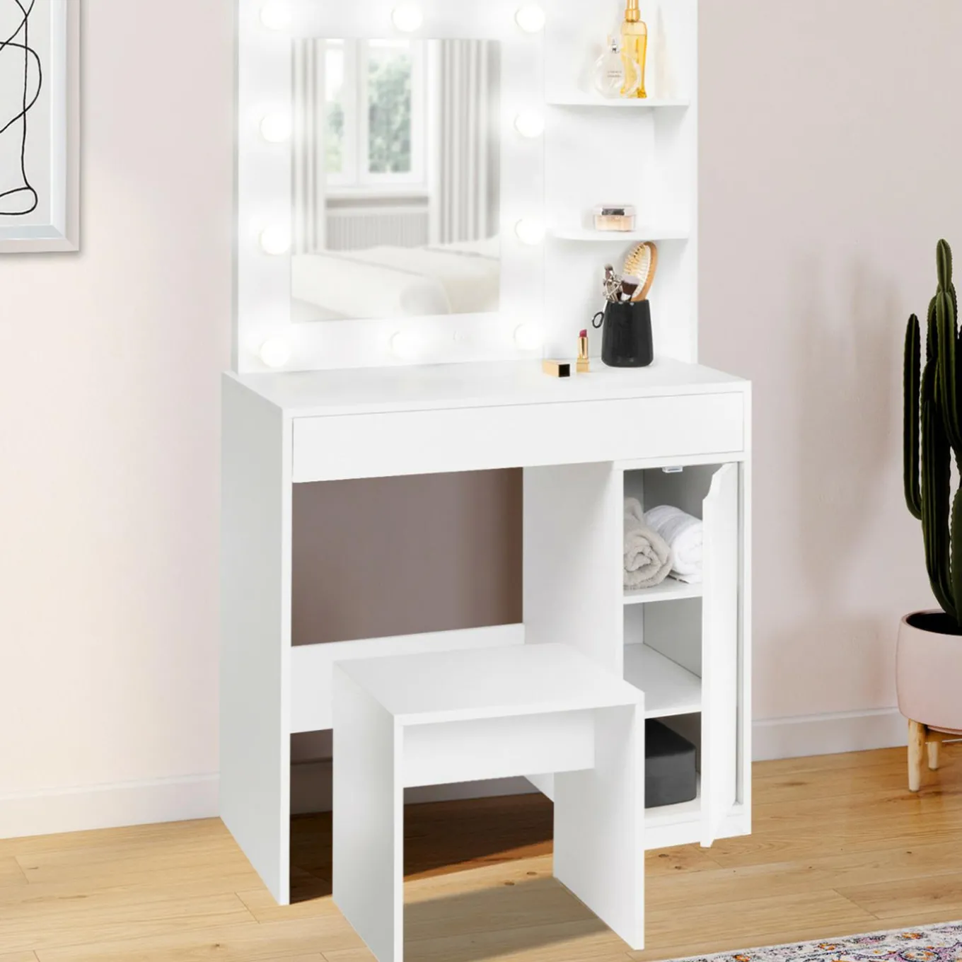 IDMarket Coiffeuse blanche avec miroir LED et tabouret 1 tiroir* Meubles Tiroirs|Meubles Blancs
