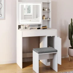 IDMarket Coiffeuse blanche avec miroir LED et rangements* Collection Design|Collection Agencement Magasin