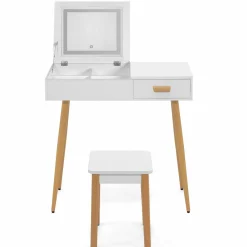 IDMarket Coiffeuse blanche scandinave avec miroir LED rabattable et tabouret* Collection Scandinave|Coiffeuses