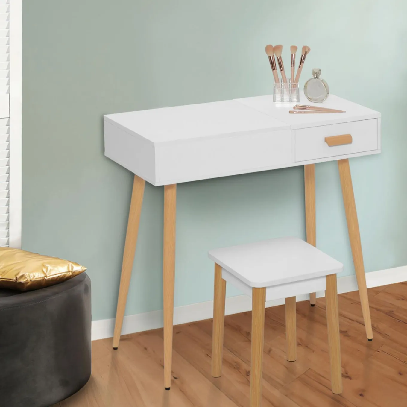 IDMarket Coiffeuse blanche scandinave avec miroir LED rabattable et tabouret* Collection Scandinave|Coiffeuses