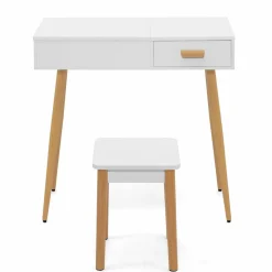IDMarket Coiffeuse blanche scandinave avec miroir LED rabattable et tabouret* Collection Scandinave|Coiffeuses