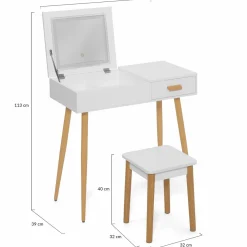 IDMarket Coiffeuse blanche scandinave avec miroir LED rabattable et tabouret* Collection Scandinave|Coiffeuses