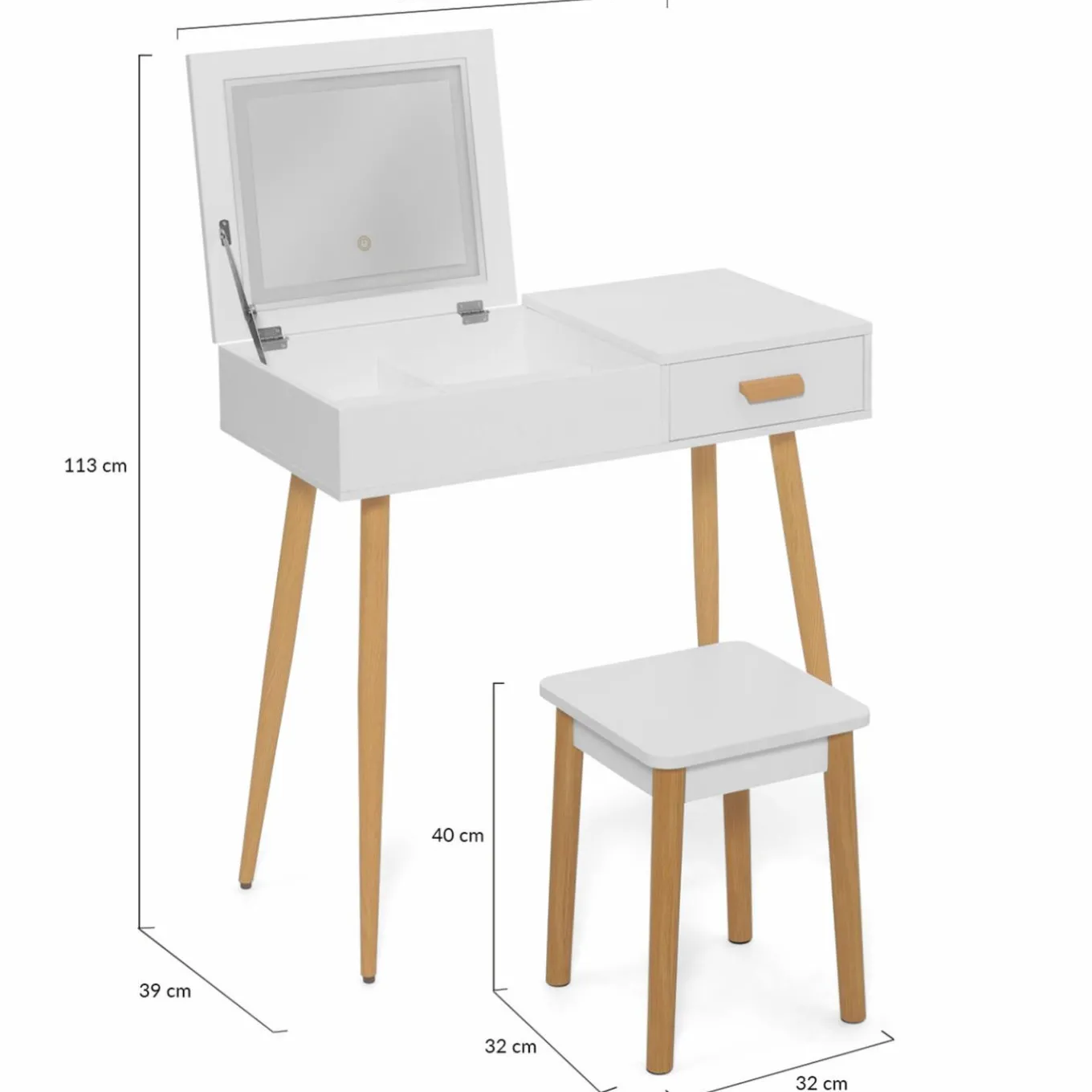 IDMarket Coiffeuse blanche scandinave avec miroir LED rabattable et tabouret* Collection Scandinave|Coiffeuses