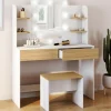 IDMarket Coiffeuse bois et blanc avec miroir LED et tabouret* Meubles Hauts|Meubles Blancs