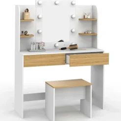 IDMarket Coiffeuse bois et blanc avec miroir LED et tabouret* Meubles Hauts|Meubles Blancs