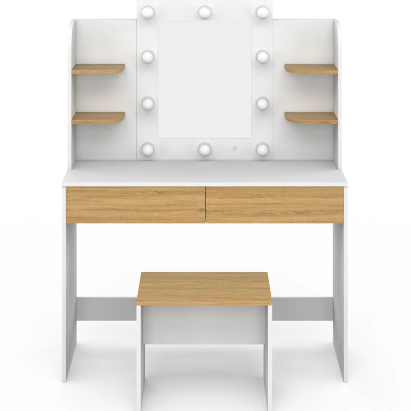 IDMarket Coiffeuse bois et blanc avec miroir LED et tabouret* Meubles Hauts|Meubles Blancs