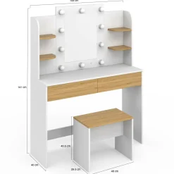 IDMarket Coiffeuse bois et blanc avec miroir LED et tabouret* Meubles Hauts|Meubles Blancs