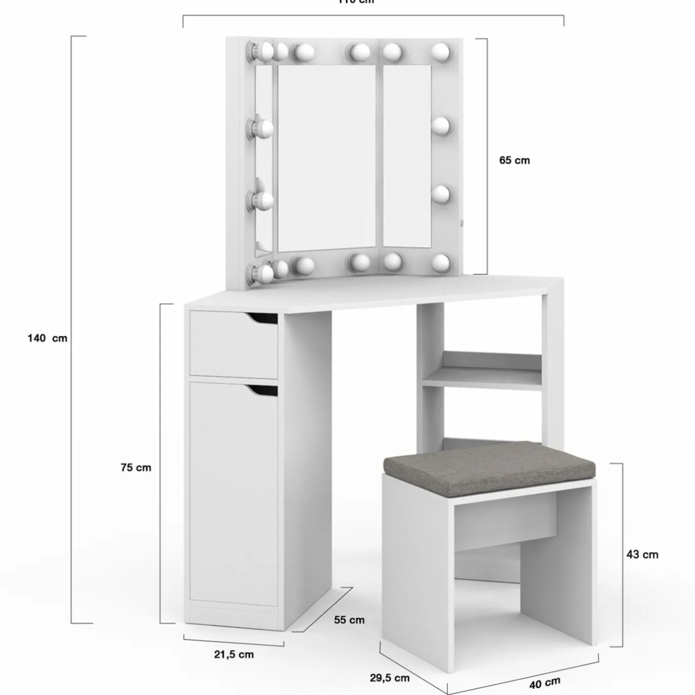 IDMarket Coiffeuse d'angle blanche avec 3 miroirs LED, étagères, tiroir, rangements et tabouret* Coiffeuses