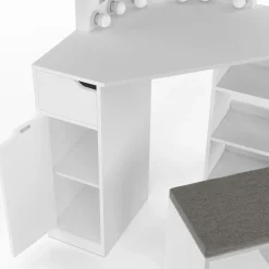 IDMarket Coiffeuse d'angle blanche avec 3 miroirs LED, étagères, tiroir, rangements et tabouret* Coiffeuses