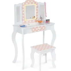 IDMarket Coiffeuse enfant blanche et rose avec 3 miroirs et tabouret*Enfant Meubles Enfant|Coiffeuses