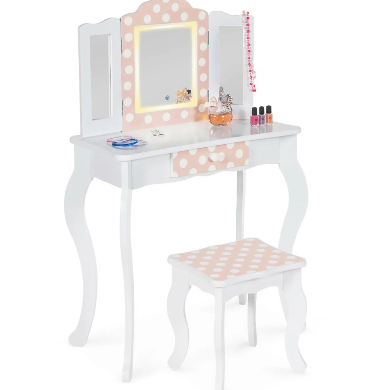 IDMarket Coiffeuse enfant blanche et rose avec 3 miroirs et tabouret*Enfant Meubles Enfant|Coiffeuses