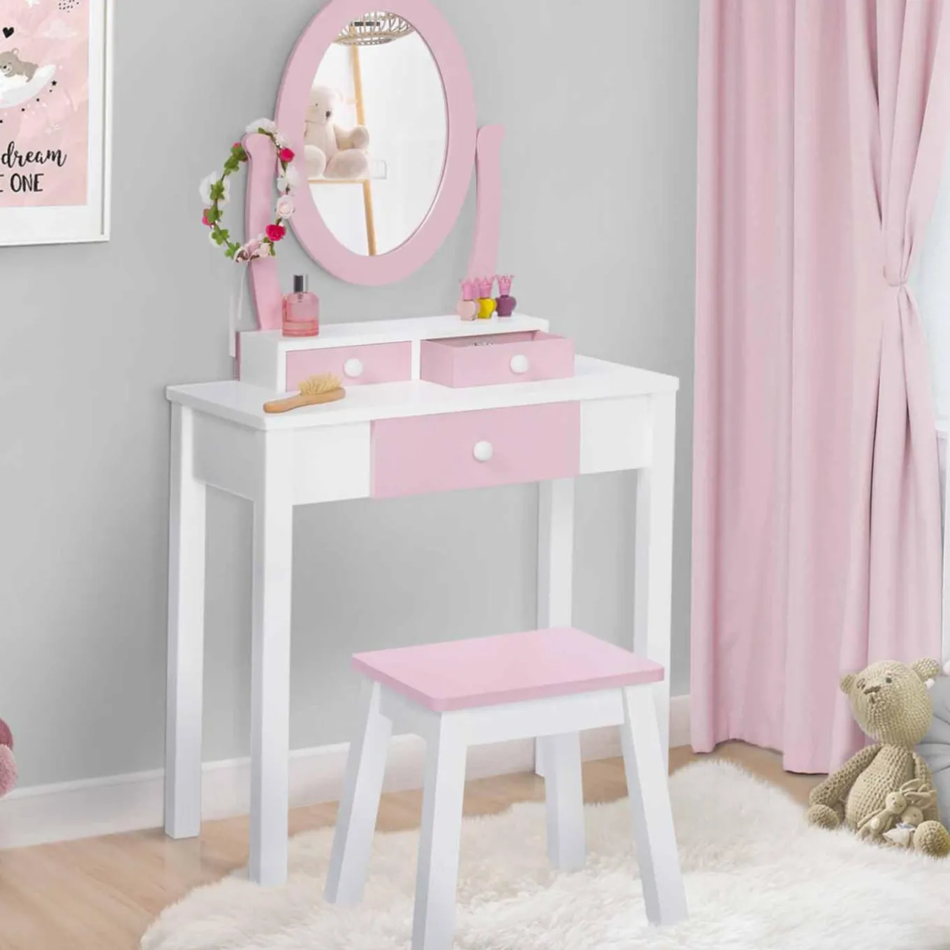 IDMarket Coiffeuse enfant rose et blanche avec miroir et tabouret*Enfant Meubles Enfant|Chambre Complète Adulte