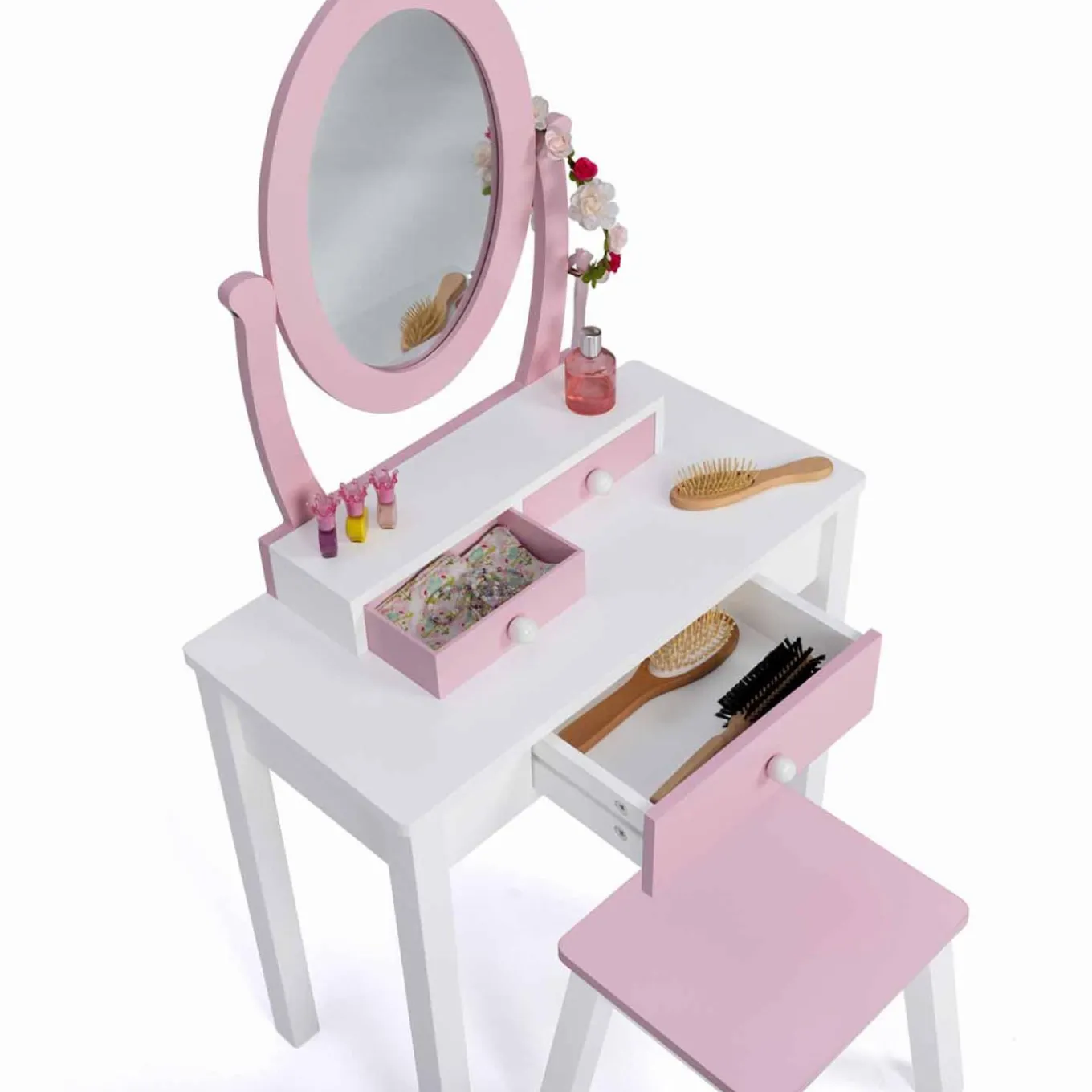 IDMarket Coiffeuse enfant rose et blanche avec miroir et tabouret*Enfant Meubles Enfant|Chambre Complète Adulte