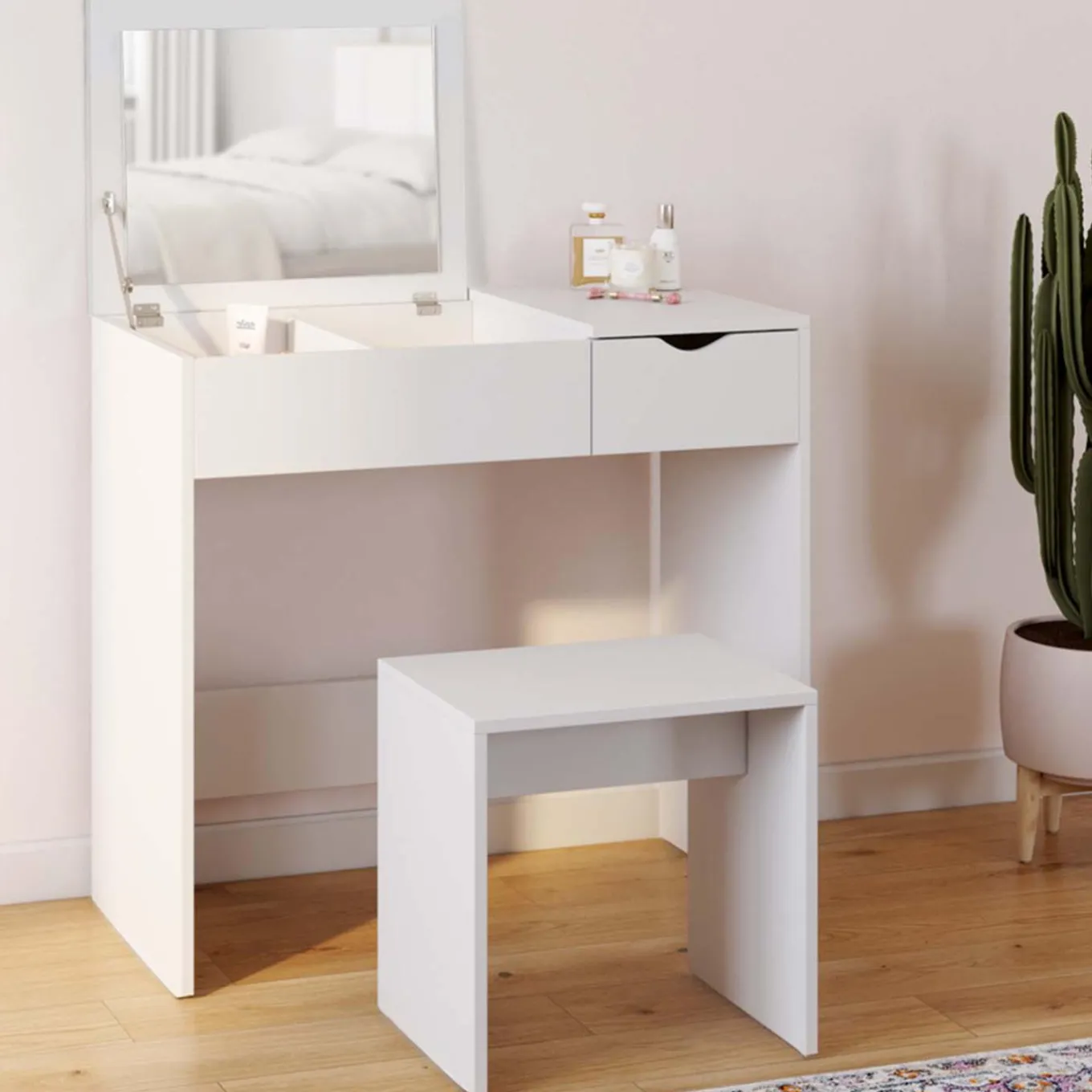 IDMarket Coiffeuse miroir rabattable blanche 2 tiroirs et tabouret* Meubles Tiroirs|Collection Design