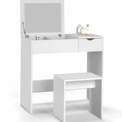 IDMarket Coiffeuse miroir rabattable blanche 2 tiroirs et tabouret* Meubles Tiroirs|Collection Design