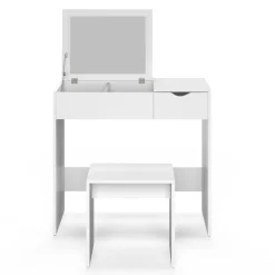 IDMarket Coiffeuse miroir rabattable blanche 2 tiroirs et tabouret* Meubles Tiroirs|Collection Design