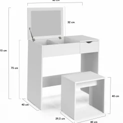 IDMarket Coiffeuse miroir rabattable blanche 2 tiroirs et tabouret* Meubles Tiroirs|Collection Design