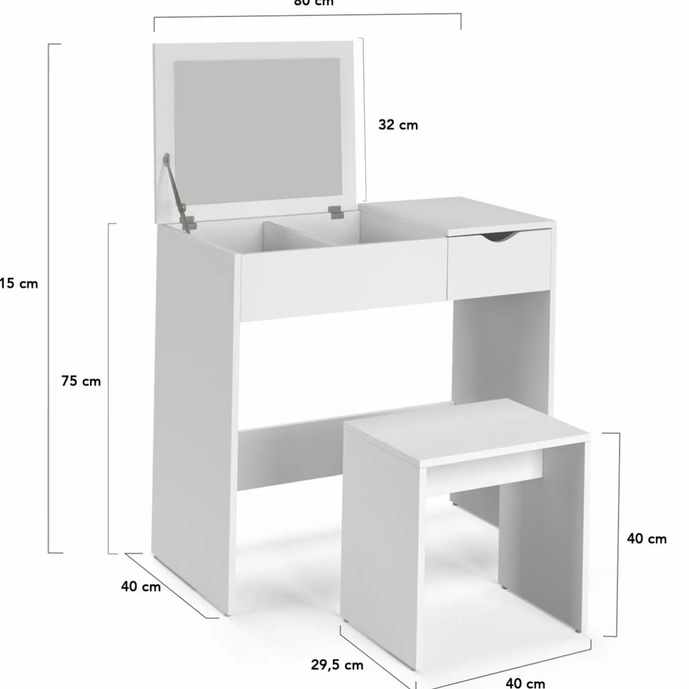 IDMarket Coiffeuse miroir rabattable blanche 2 tiroirs et tabouret* Meubles Tiroirs|Collection Design