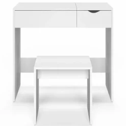 IDMarket Coiffeuse miroir rabattable blanche 2 tiroirs et tabouret* Meubles Tiroirs|Collection Design
