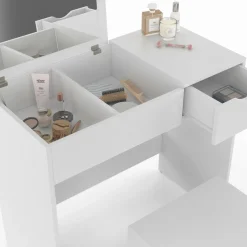 IDMarket Coiffeuse miroir rabattable blanche 2 tiroirs et tabouret* Meubles Tiroirs|Collection Design