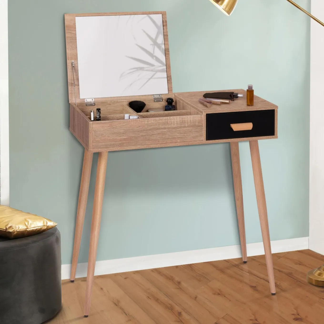 IDMarket Coiffeuse scandinave miroir rabattable hêtre et noir* Meubles Bas|Collection Scandinave