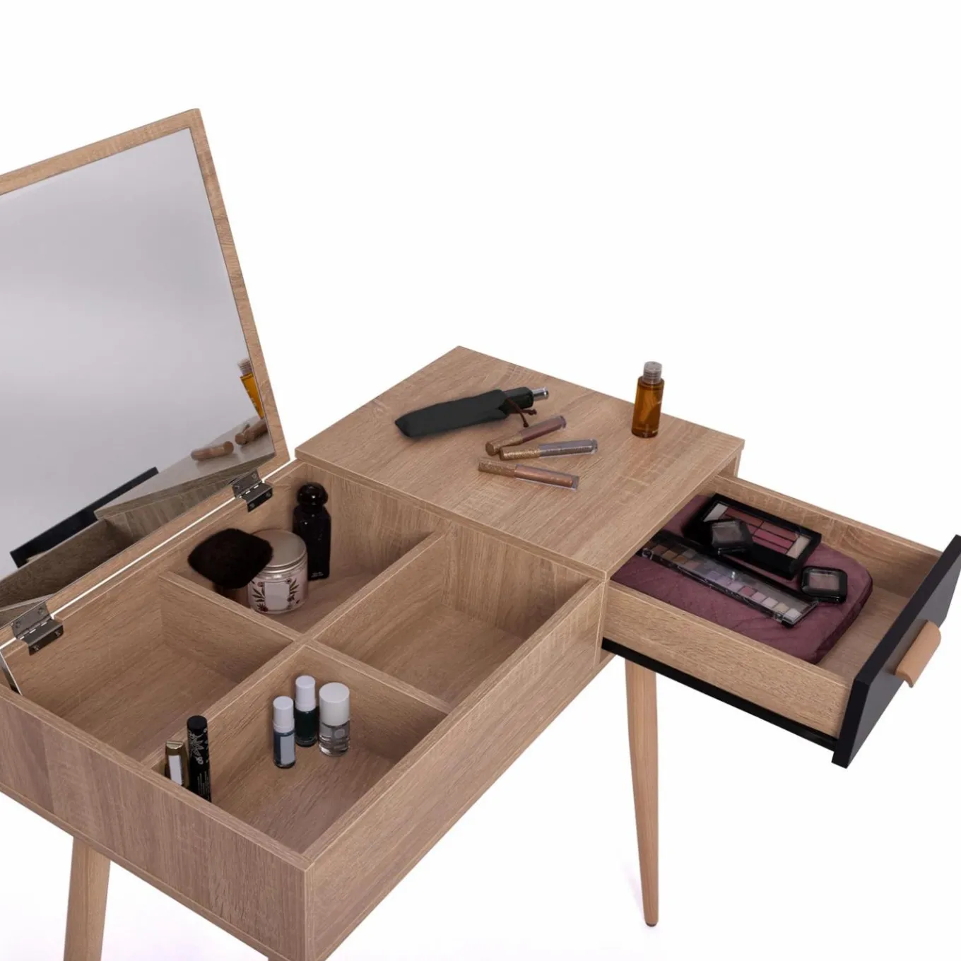 IDMarket Coiffeuse scandinave miroir rabattable hêtre et noir* Meubles Bas|Collection Scandinave