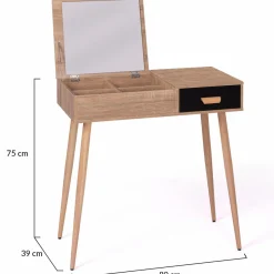 IDMarket Coiffeuse scandinave miroir rabattable hêtre et noir* Meubles Bas|Collection Scandinave