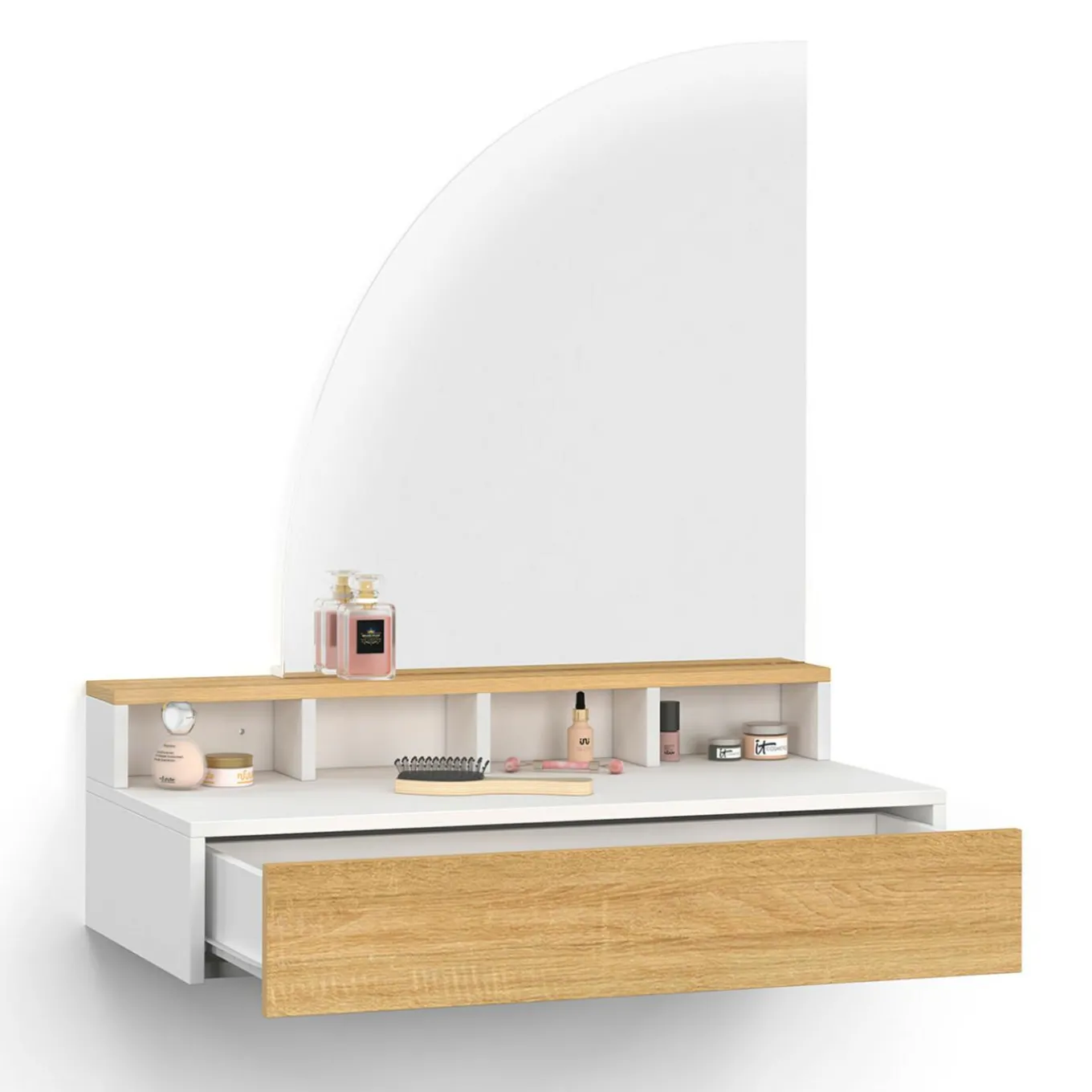 IDMarket Coiffeuse suspendue miroir LED avec 4 niches, 1 tiroir bois et blanc* Meubles Tiroirs|Coiffeuses