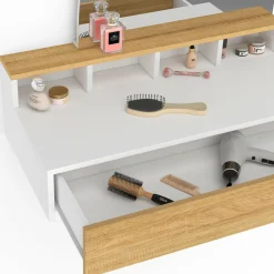 IDMarket Coiffeuse suspendue miroir LED avec 4 niches, 1 tiroir bois et blanc* Meubles Tiroirs|Coiffeuses