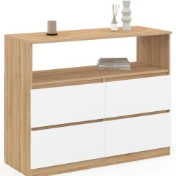 IDMarket Commode 100 cm 4 tiroirs avec niche façon hêtre et blanc* Collection Design|Collection Agencement Magasin