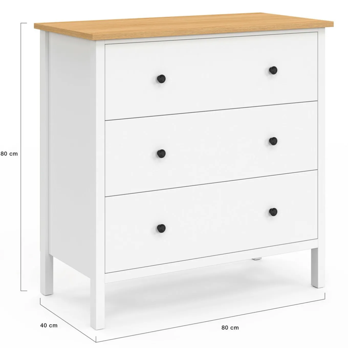 IDMarket Commode 80 cm 3 tiroirs bois blanc plateau bois* Commodes|Chambre Complète Adulte