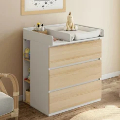 IDMarket Commode à langer évolutive façon hêtre et blanc 3 tiroirs et 2 étagères*Enfant Collection Design|Meubles Enfant
