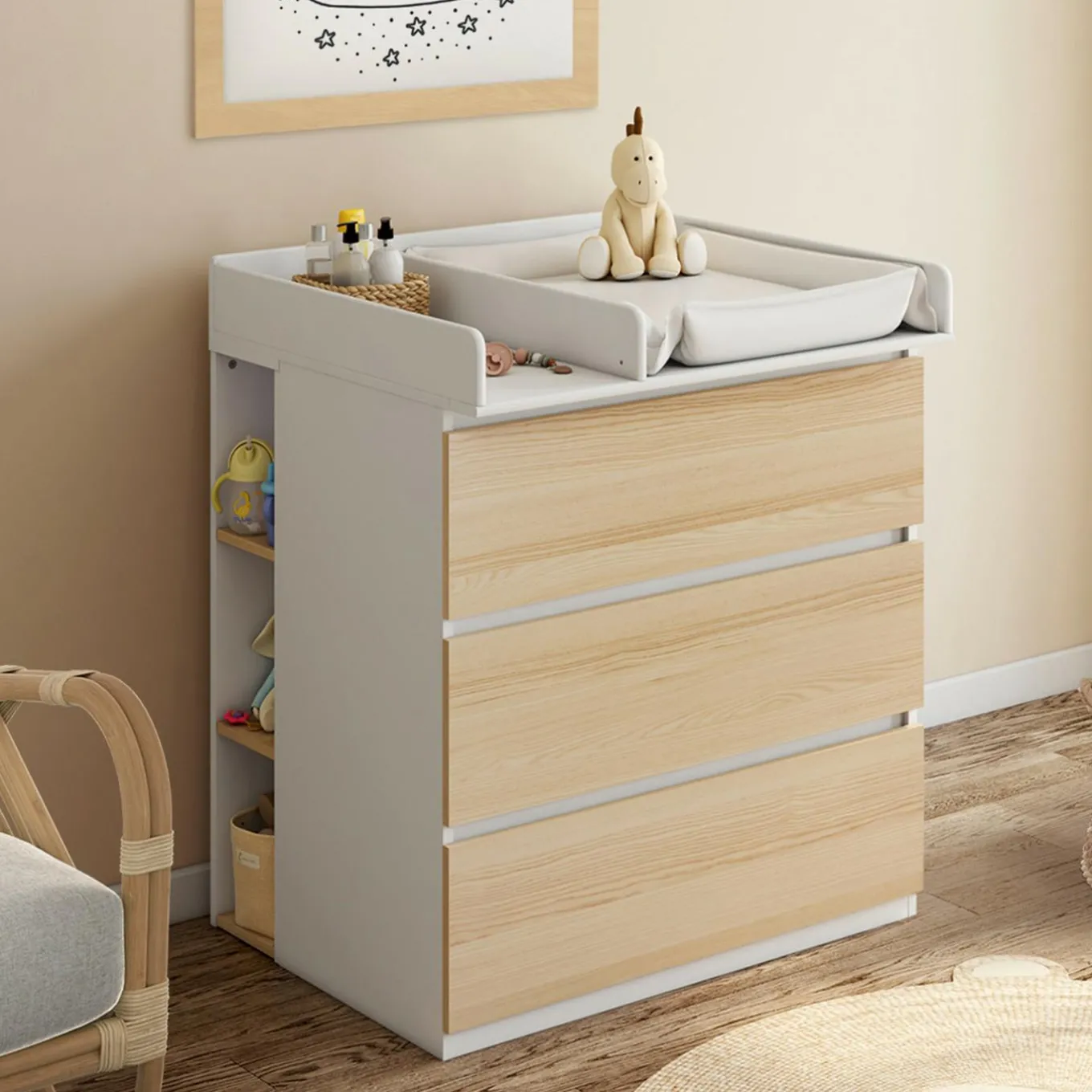IDMarket Commode à langer évolutive façon hêtre et blanc 3 tiroirs et 2 étagères*Enfant Collection Design|Meubles Enfant