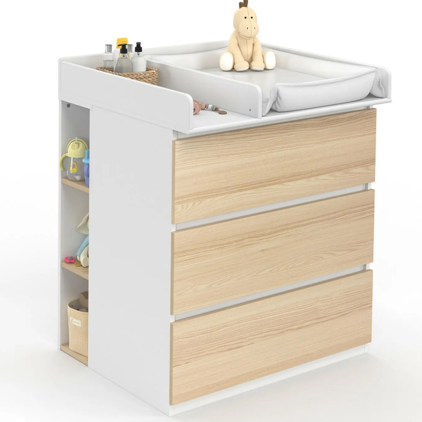 IDMarket Commode à langer évolutive façon hêtre et blanc 3 tiroirs et 2 étagères*Enfant Collection Design|Meubles Enfant