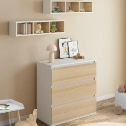 IDMarket Commode à langer évolutive façon hêtre et blanc 3 tiroirs et 2 étagères*Enfant Collection Design|Meubles Enfant