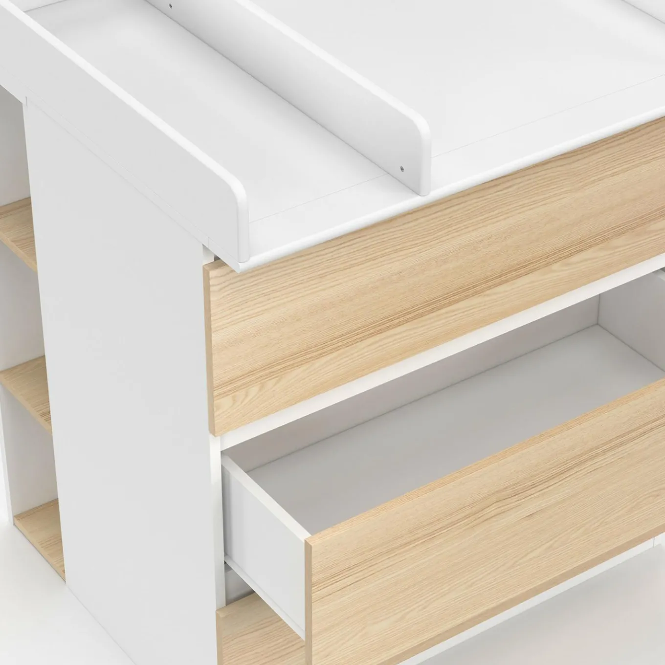 IDMarket Commode à langer évolutive façon hêtre et blanc 3 tiroirs et 2 étagères*Enfant Collection Design|Meubles Enfant