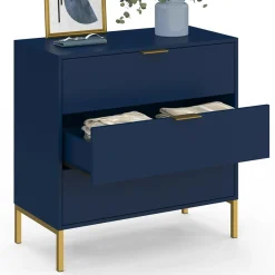 IDMarket Commode 3 tiroirs 80 cm bleu nuit et finitions dorées* Meubles Tiroirs|Meubles Bas