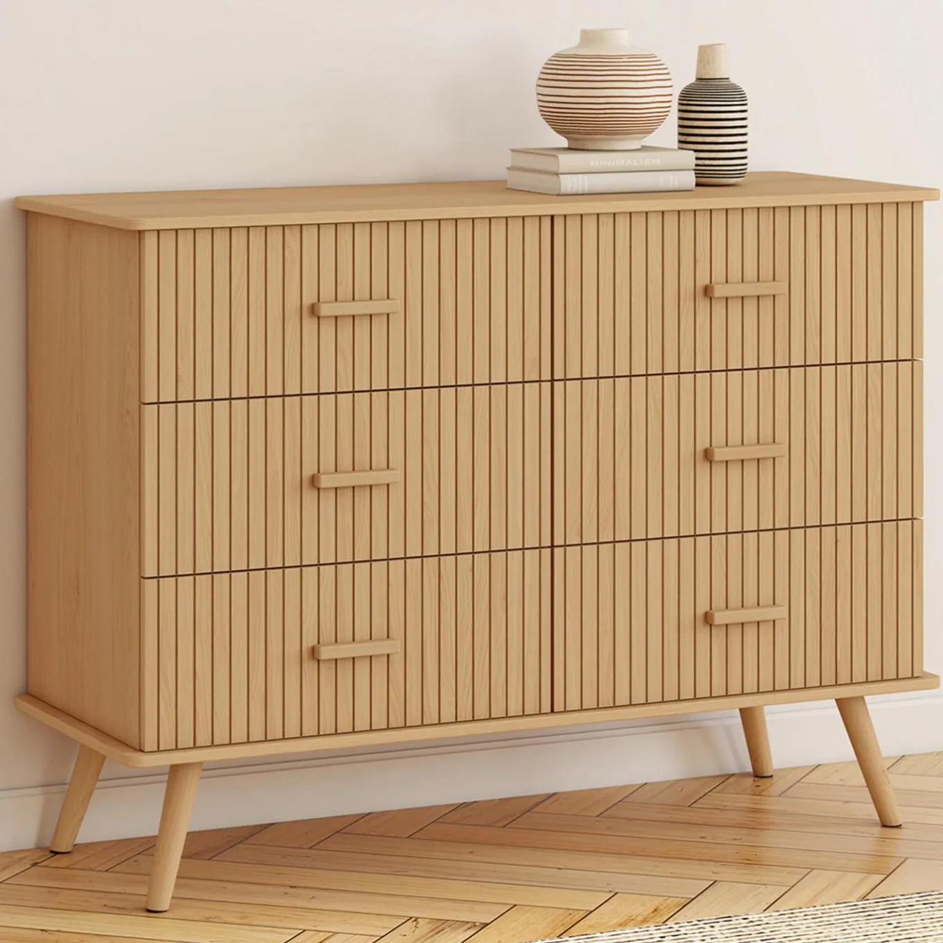 IDMarket Commode 6 tiroirs 110 cm lattes tasseau bois coloris chêne* Meubles En Bois|Collection Design