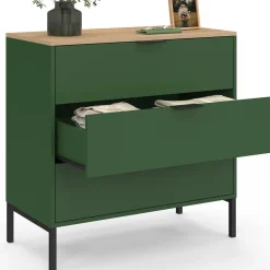 IDMarket Commode 3 tiroirs 80 cm vert kaki et plateau bois* Commodes|Chambre Complète Adulte