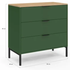 IDMarket Commode 3 tiroirs 80 cm vert kaki et plateau bois* Commodes|Chambre Complète Adulte