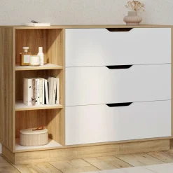 IDMarket Commode 3 tiroirs 3 niches hêtre blanc* Collection Moderne|Chambre Complète Adulte