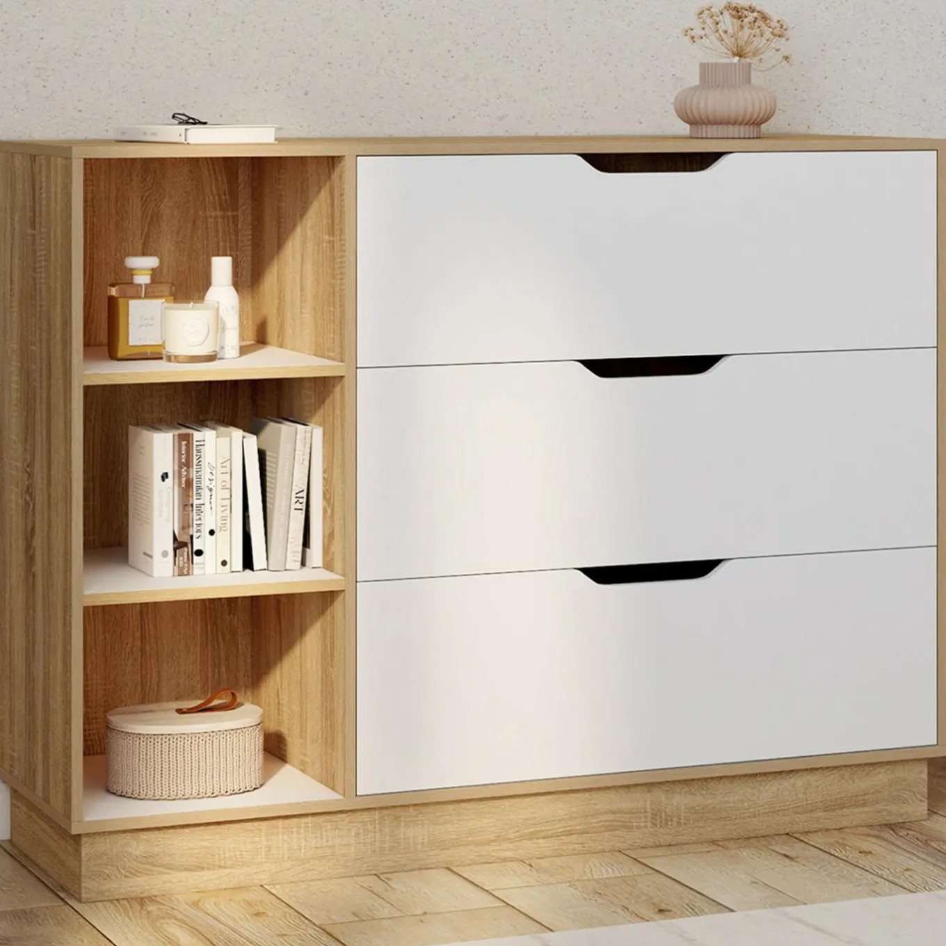 IDMarket Commode 3 tiroirs 3 niches hêtre blanc* Collection Moderne|Chambre Complète Adulte