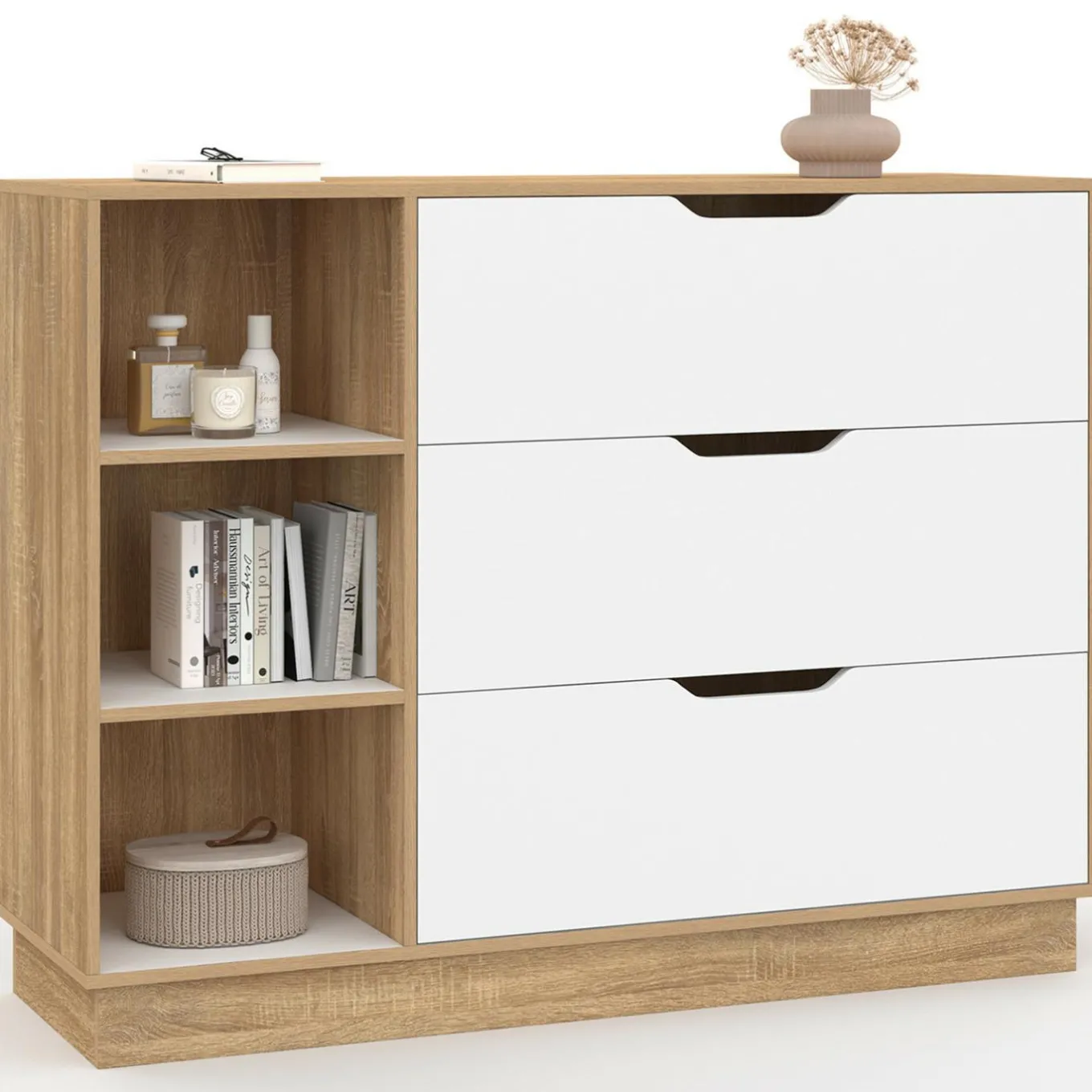 IDMarket Commode 3 tiroirs 3 niches hêtre blanc* Collection Moderne|Chambre Complète Adulte