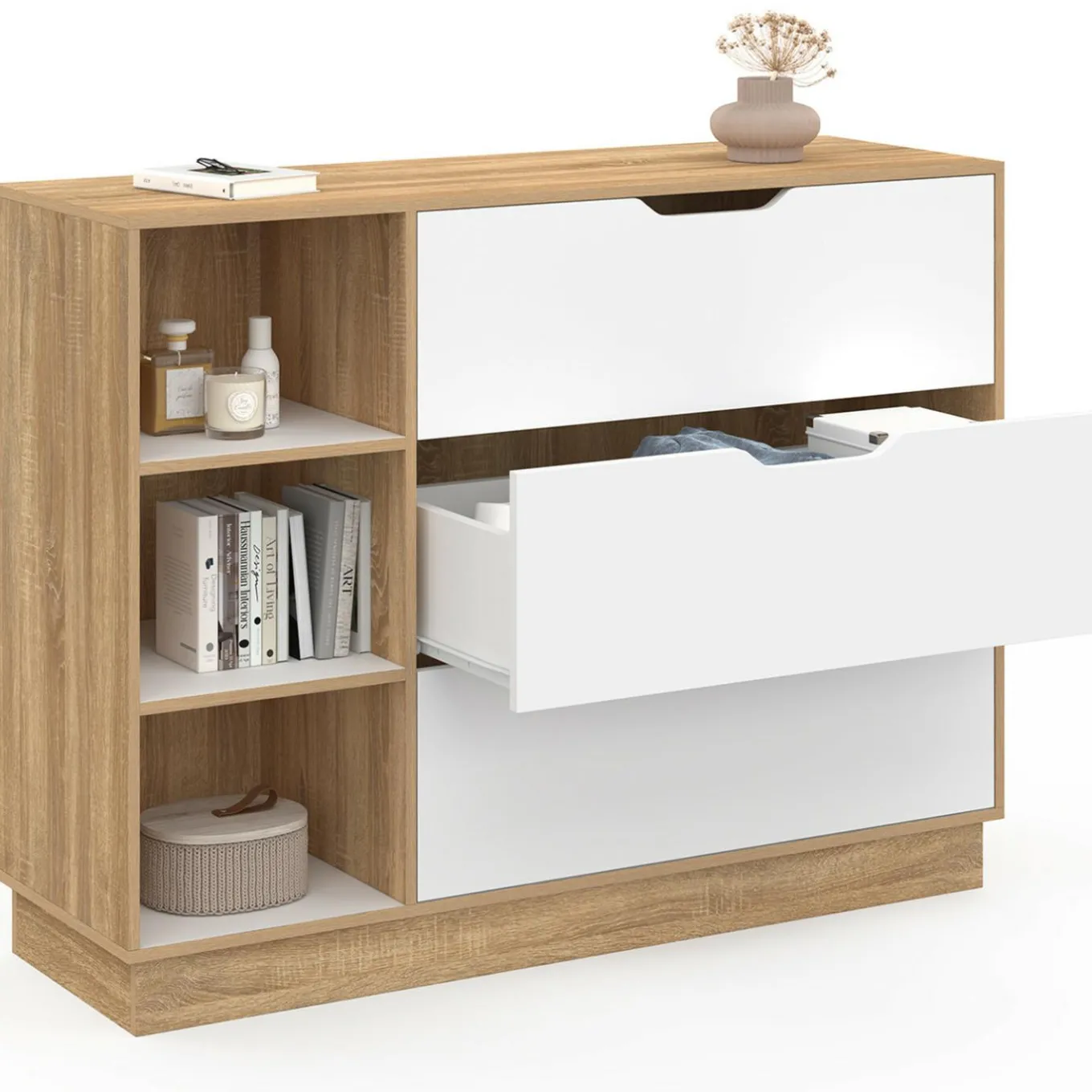 IDMarket Commode 3 tiroirs 3 niches hêtre blanc* Collection Moderne|Chambre Complète Adulte