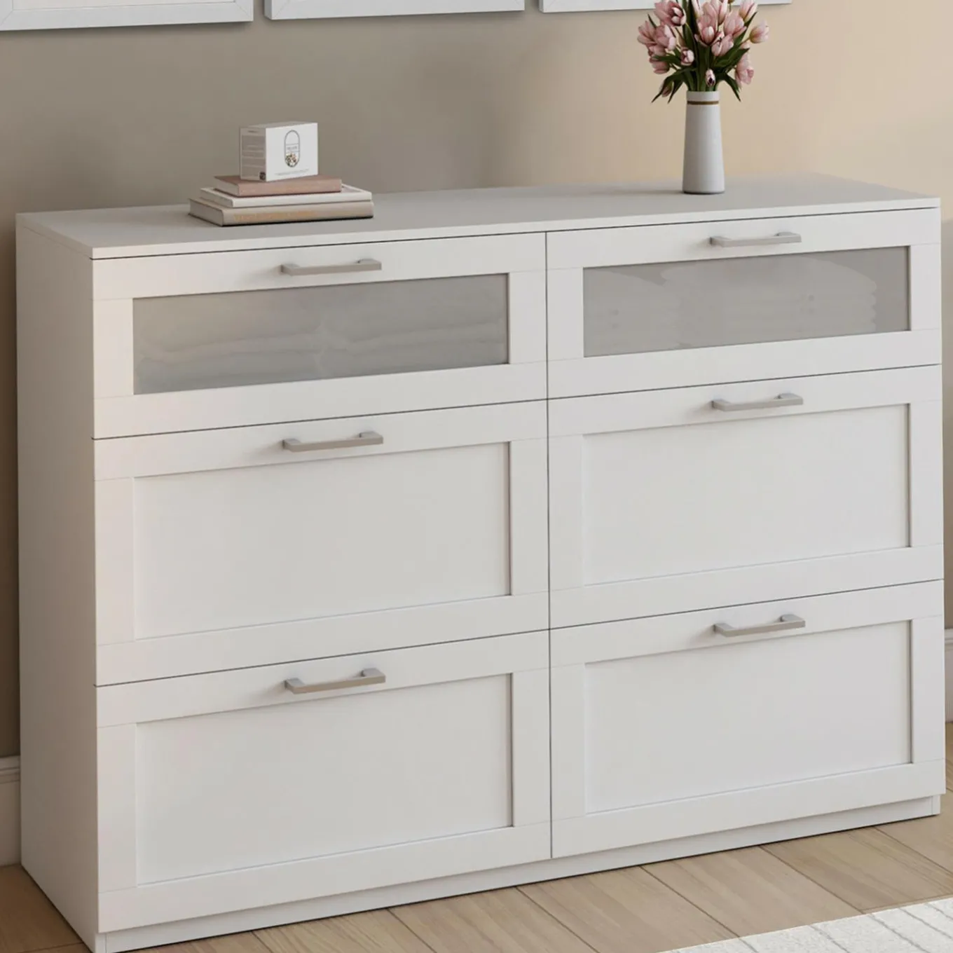 IDMarket Commode 6 tiroirs bois et blanc effet givré* Collection Agencement Magasin|Chambre Complète Adulte