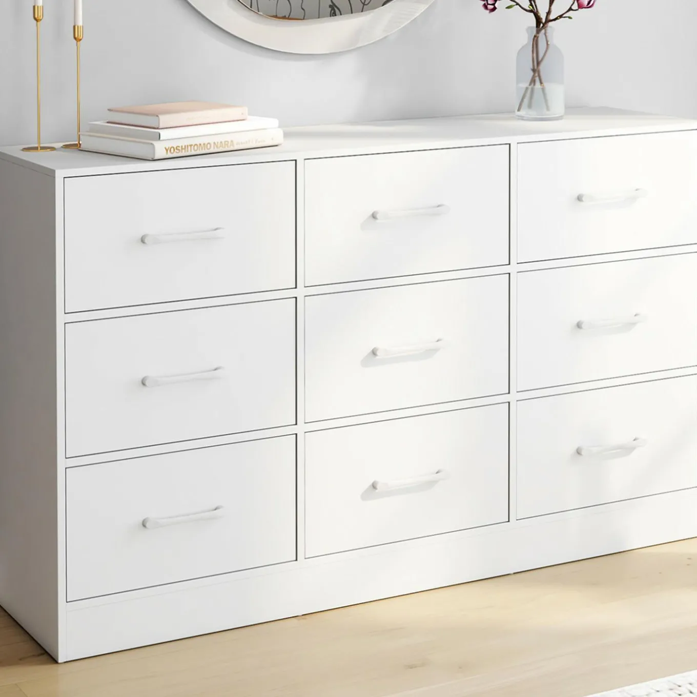 IDMarket Commode 9 tiroirs en tissu 113 cm meuble de rangement bois blanc* Collection Contemporaine|Commodes