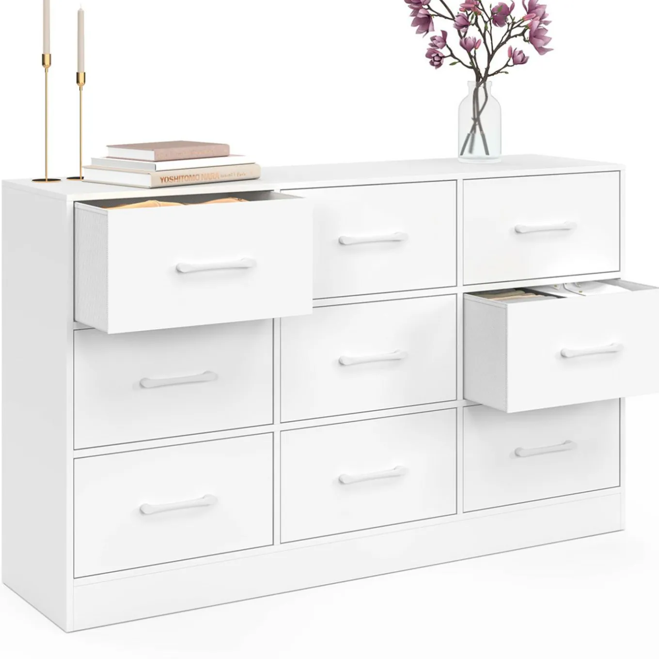 IDMarket Commode 9 tiroirs en tissu 113 cm meuble de rangement bois blanc* Collection Contemporaine|Commodes