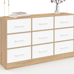 IDMarket Commode 9 tiroirs en tissu 113 cm meuble de rangement bois façon hêtre et blanc* Collection Contemporaine|Commodes