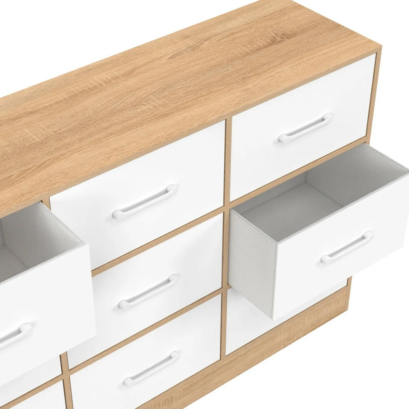 IDMarket Commode 9 tiroirs en tissu 113 cm meuble de rangement bois façon hêtre et blanc* Collection Contemporaine|Commodes