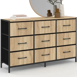 IDMarket Commode 9 tiroirs en tissu 115 CM effet lattes, design industriel* Meubles Tiroirs|Meubles Bas
